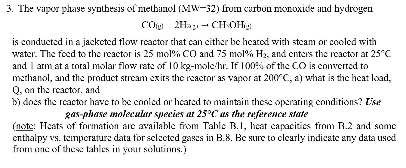 Solved 3 The Vapor Phase Synthesis Of Methanol Mw 32 F Chegg Com