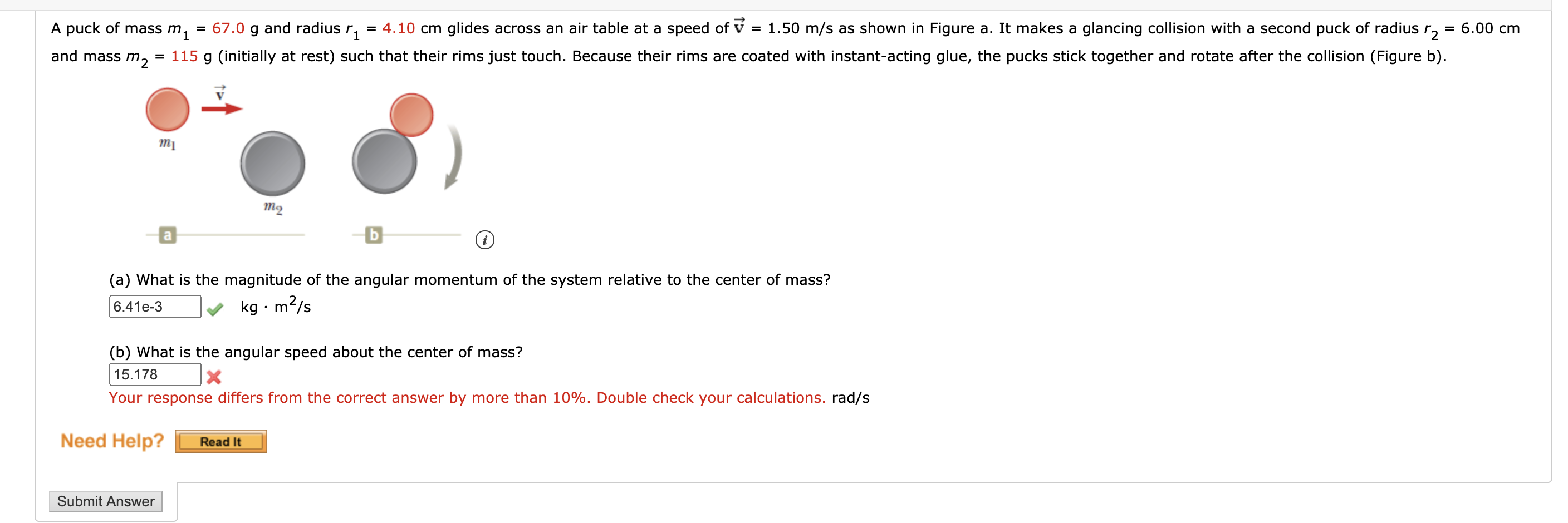 Solved 6.00 cm A puck of mass m1 = 67.0 g and radius r 1 =