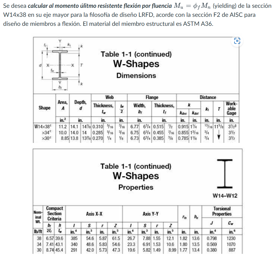 Se desea calcular al momento úlitmo resistente flexión por fluencia \( M_{u}=\phi_{f} M_{n} \) (yielding) de la sección W14x3