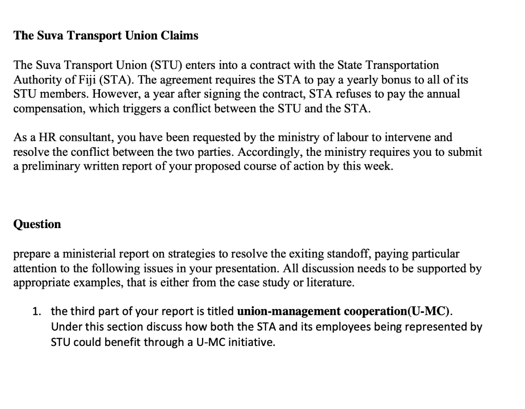 Solved The Suva Transport Union Claims The Suva Transport | Chegg.com