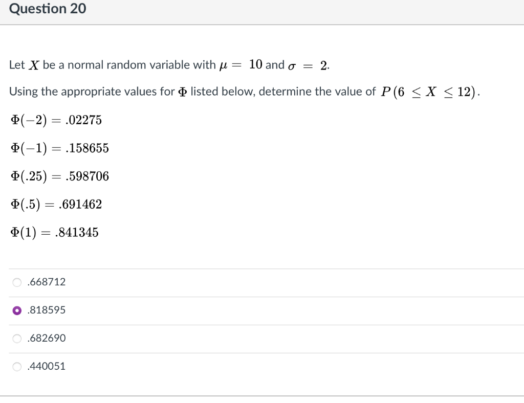 Solved Question 20 Let X be a normal random variable with u | Chegg.com