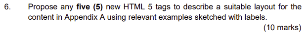 Solved 6 Propose any five (5) new HTML 5 tags to describe a Chegg com