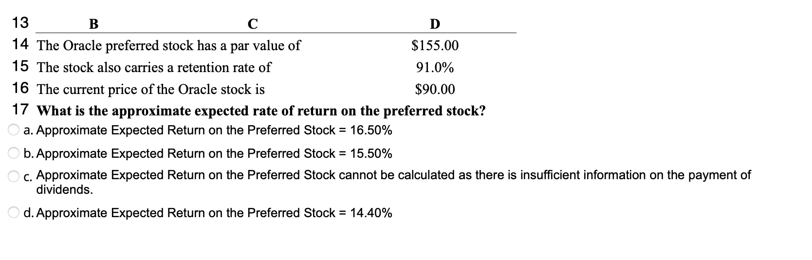 Solved 13 B С D 14 The Oracle preferred stock has a par | Chegg.com