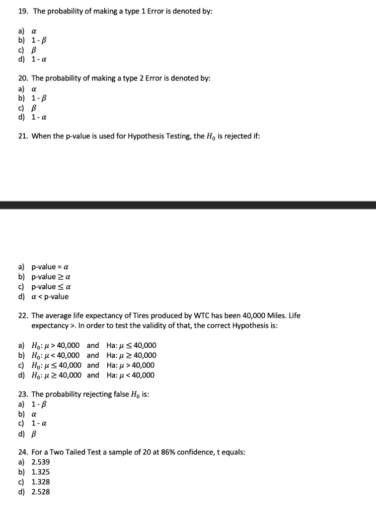 Solved 19. The Probability Of Making A Type 1 Error Is | Chegg.com