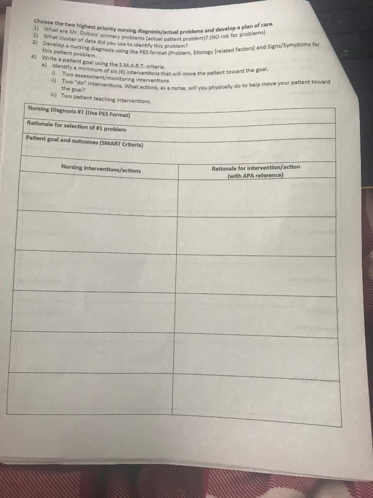 2) of data did you use to identify ? Choose the two highest priority nursing diagnosis/actual problems and develop a plan of