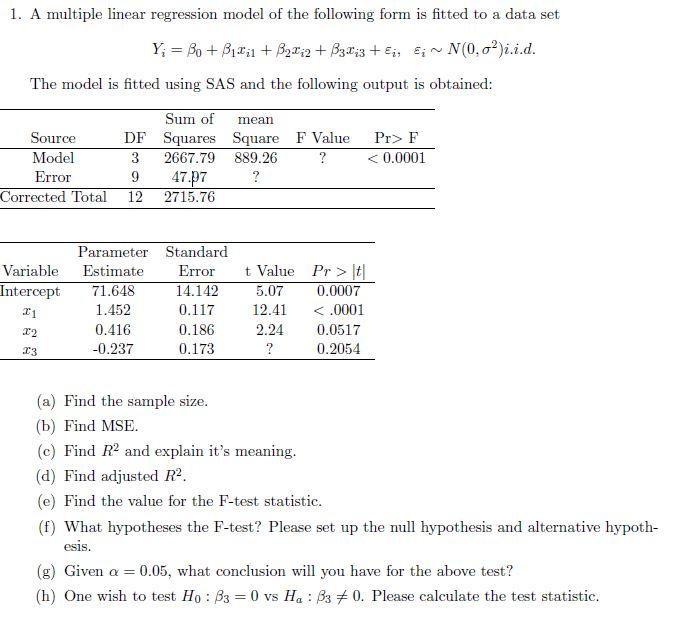 Solved 1. A Multiple Linear Regression Model Of The | Chegg.com