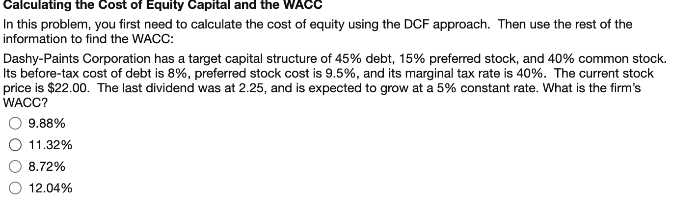 Solved Calculating the Cost of Equity Capital and the WACC | Chegg.com