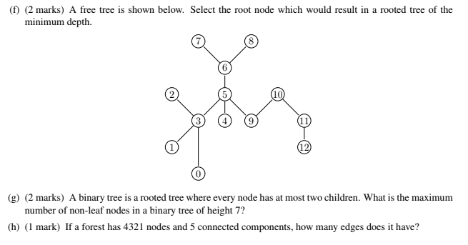 Solved (f) (2 marks) A free tree is shown below. Select the | Chegg.com