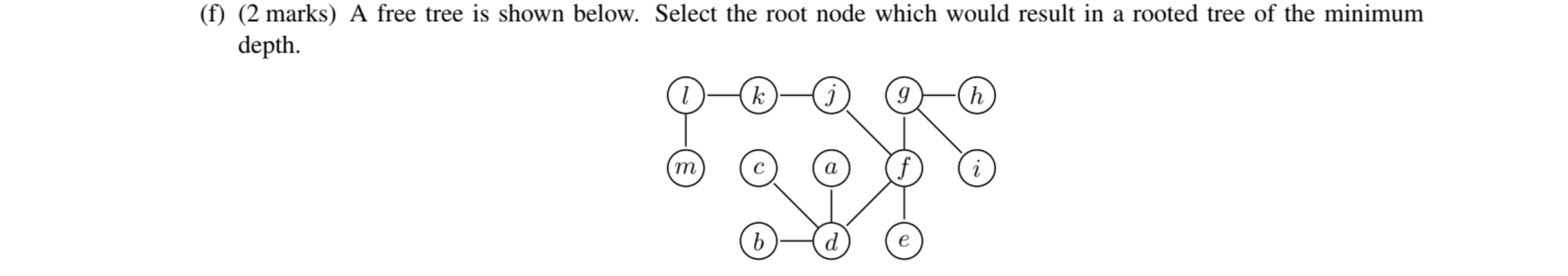 Solved (f) (2 marks) A free tree is shown below. Select the | Chegg.com