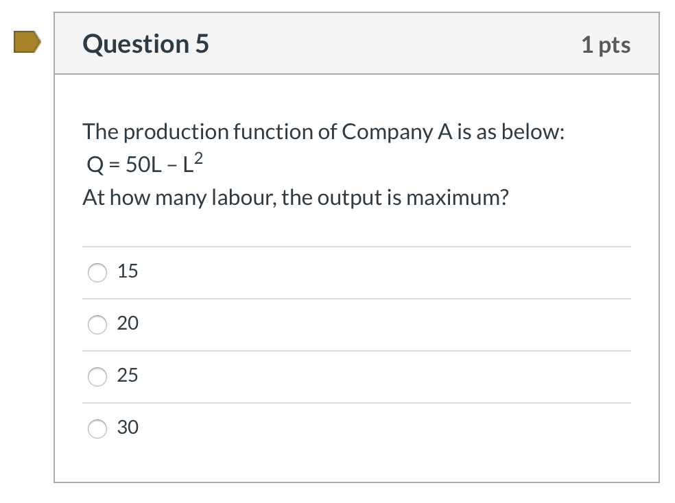 Solved Question 5 1 pts The production function of Company A | Chegg.com