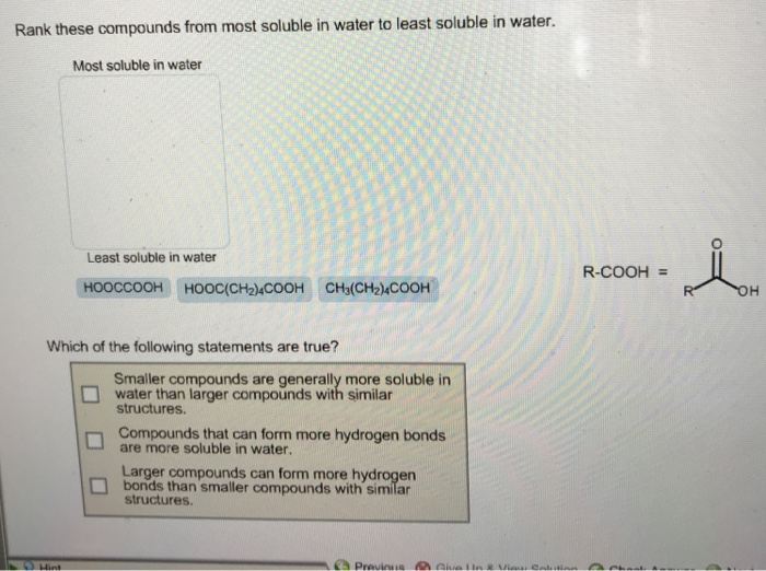 Solved Rank these compounds from most soluble in water to