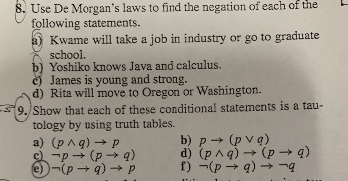 Solved .Use De Morgan's laws to find the negation of each of | Chegg.com