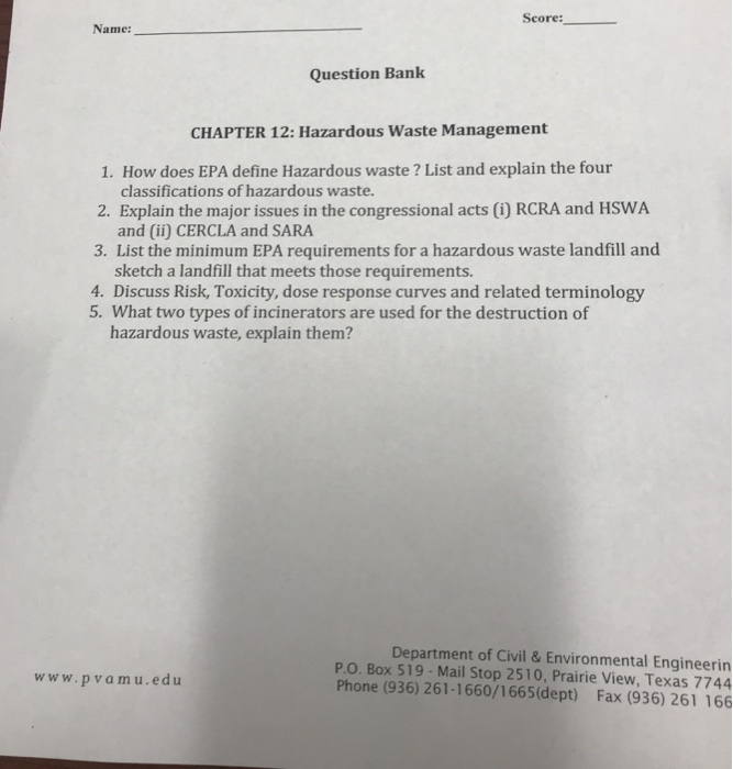 Solved Score Name Question Bank CHAPTER 12 Hazardous