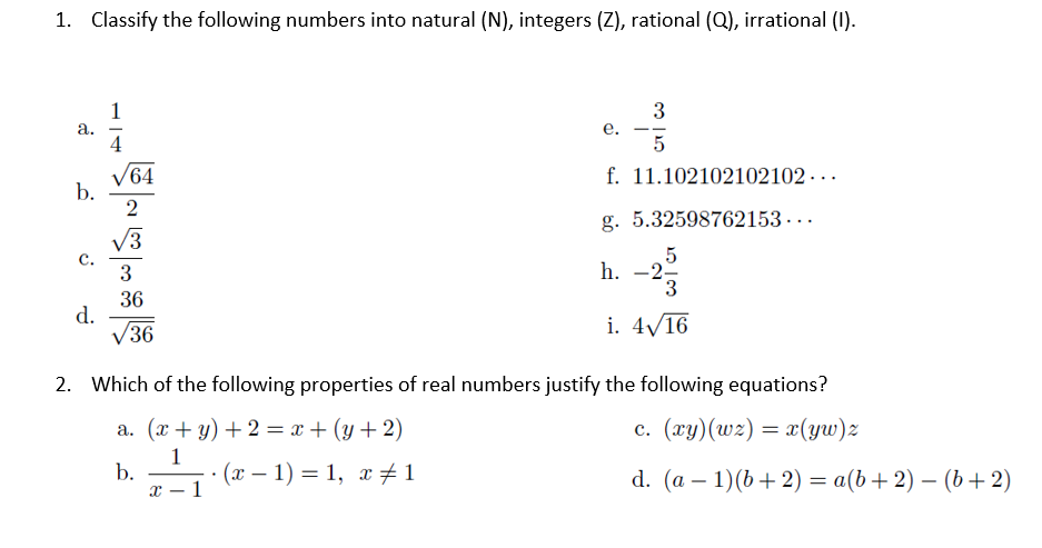 Solved 1. Classify the following numbers into natural ( N ), | Chegg.com