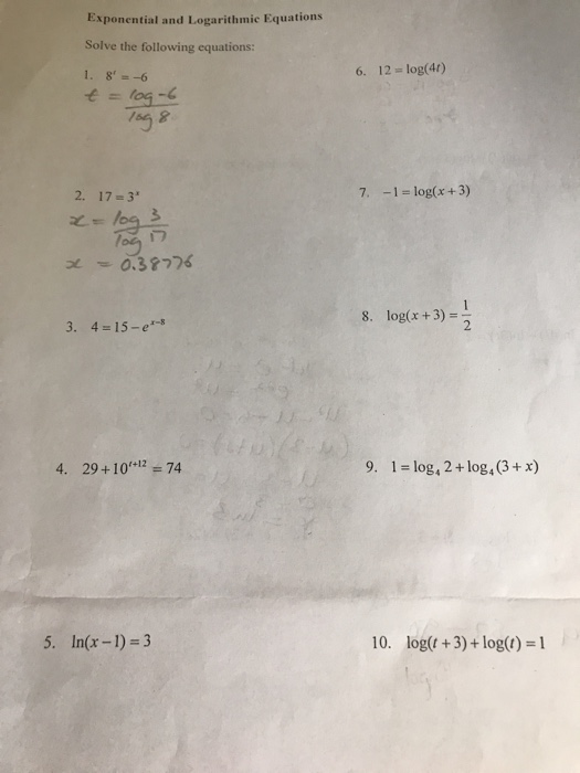 Solved Exponential and Logarithmic Equations Solve the | Chegg.com