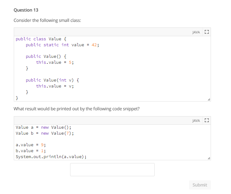 Solved Question 13 Consider the following small class: JAVA | Chegg.com