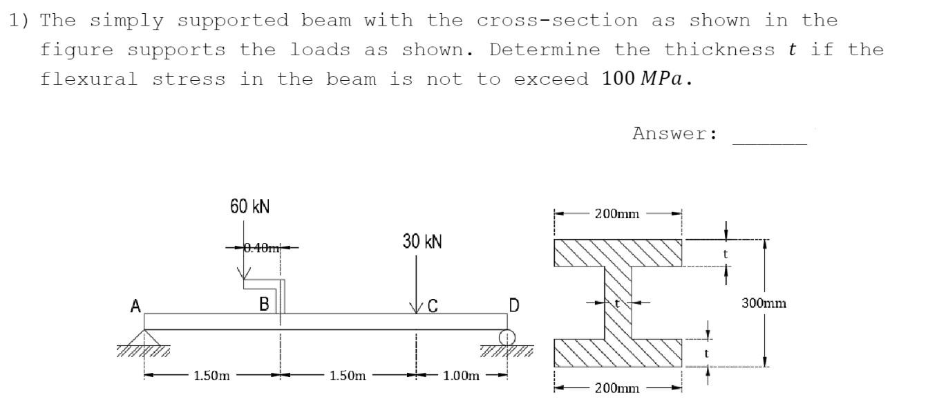 1) The simply supported beam with the cross-section as shown in the
figure supports the loads as shown. Determine the thickne