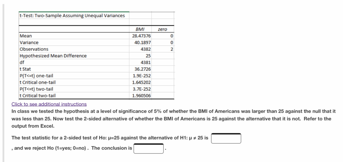 Solved t-Test: Two-Sample Assuming Unequal Variances BMI | Chegg.com