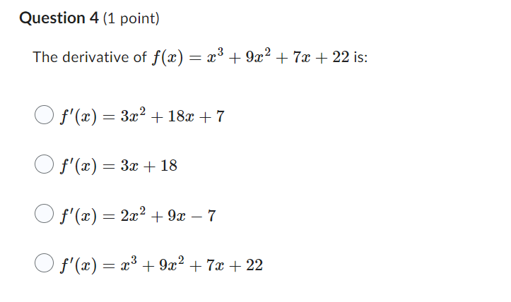 Solved Derivative Of F X X3 9x2 7x 22 Is