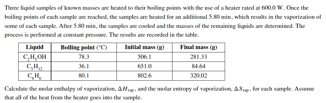 Solved Three liquid samples of known masses are heated to | Chegg.com