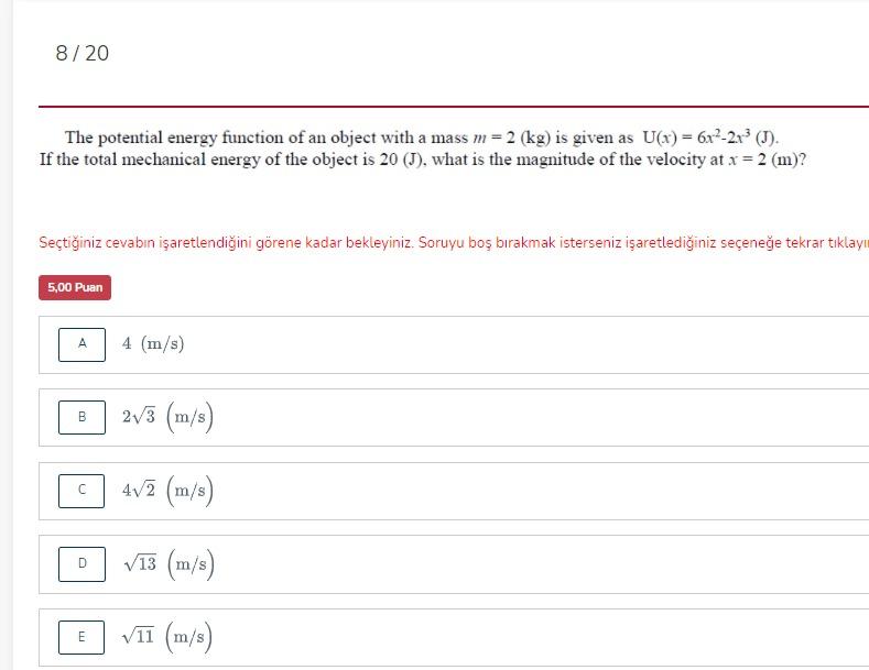 Solved 8/20 The potential energy function of an object with | Chegg.com