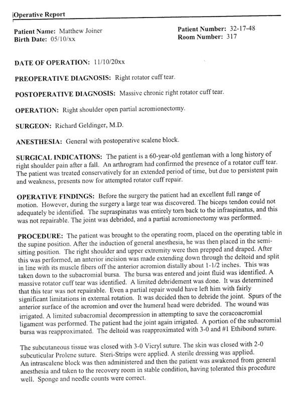 Solved Operative Report Patient Name: Matthew Joiner Birth | Chegg.com