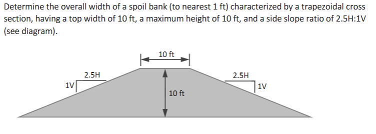Determine the overall width of a spoil bank (to nearest \( 1 \mathrm{ft} \) ) characterized by a trapezoidal cross section, h