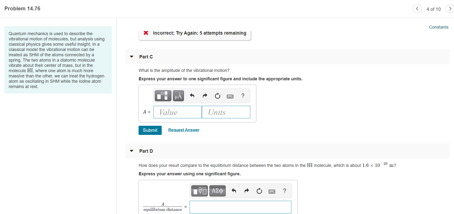 Solved Problem 14.76 Constants A classical | Chegg.com