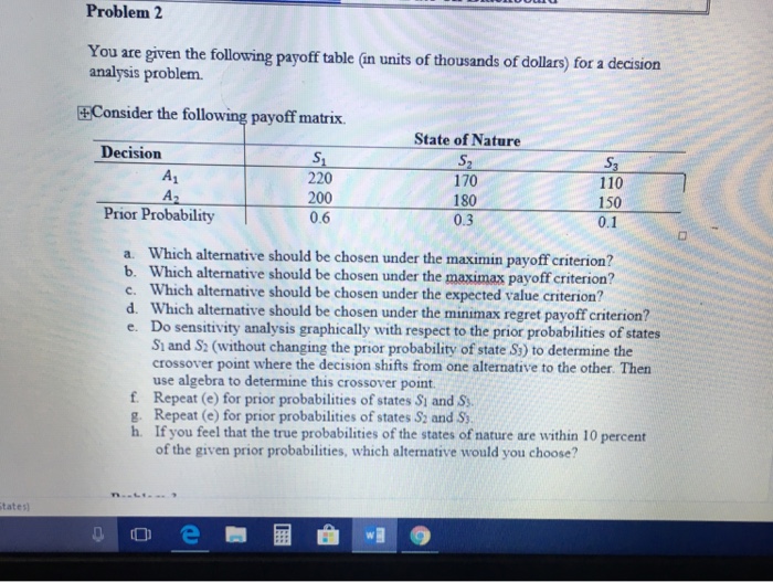 Solved Problem 2 You are given the following payoff table | Chegg.com