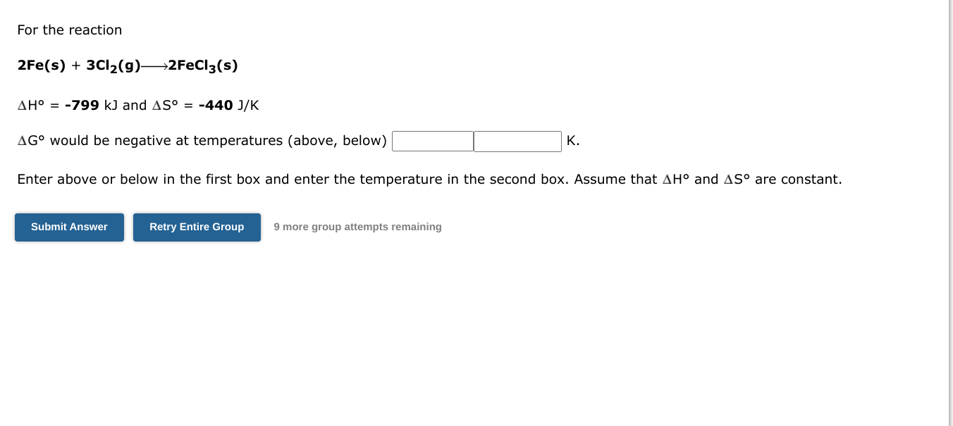 Solved For the reaction 2Fe(s)+3Cl2( g) 2FeCl3( s) ΔH∘=−799 | Chegg.com