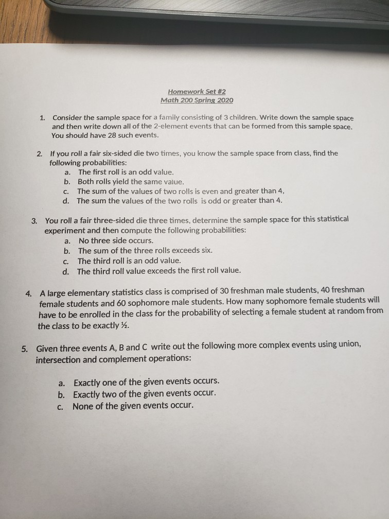 Homework sample spaces picture