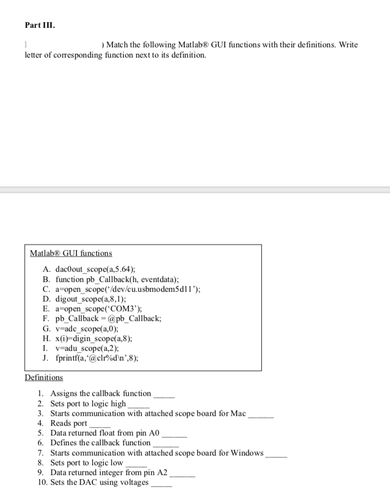 Part Iii Match The Following Matlab Gui Functions Chegg Com