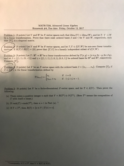 Solved MATH-7234, Advanced Linear Algebra Homework #4, Due | Chegg.com