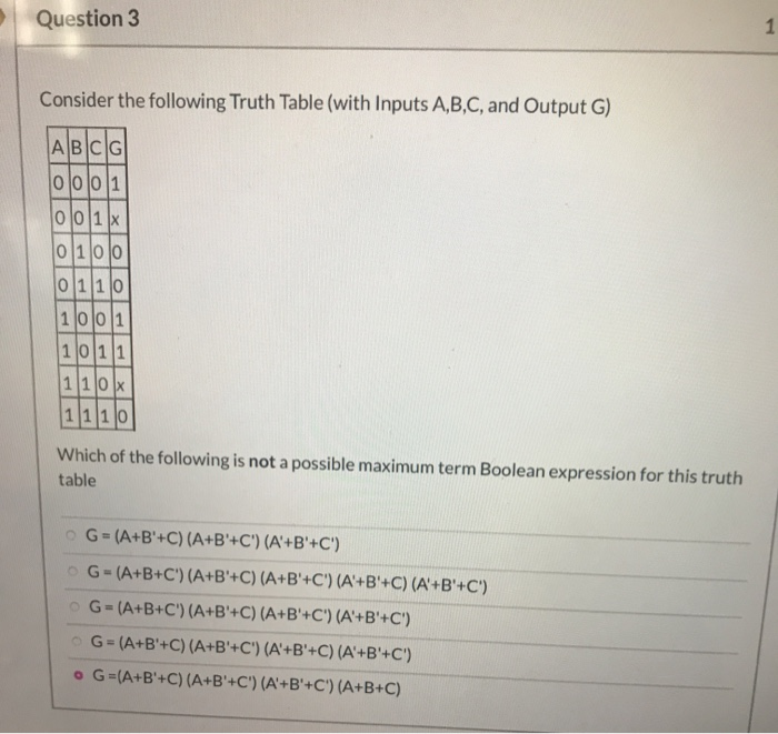 Solved Question 3 Consider the following Truth Table (with | Chegg.com