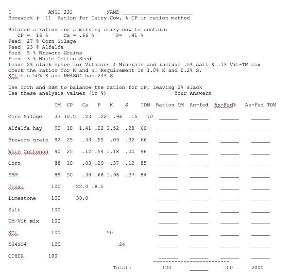 1 Homework # ANSC 221 NAME 11 Ration for Dairy Cow, | Chegg.com