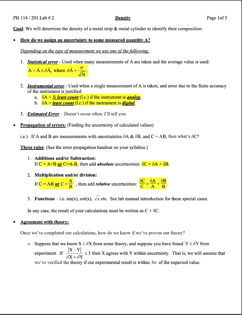 PH 114 / 201 Lab \# 2 Density Page lof 3 Goal: We | Chegg.com