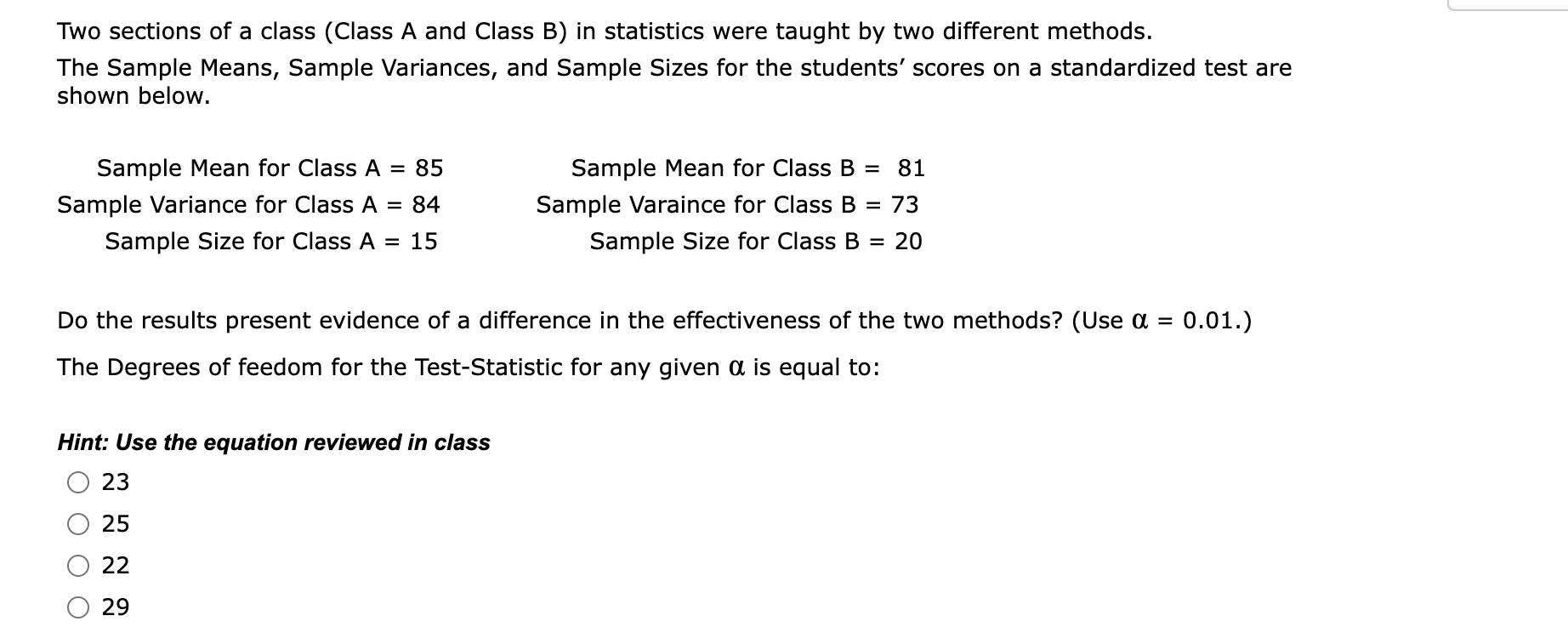 solved-two-sections-of-a-class-class-a-and-class-b-in-chegg