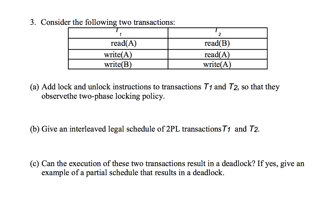 Solved 3. Consider The Following Two Transactions: 2 Read(A) | Chegg.com