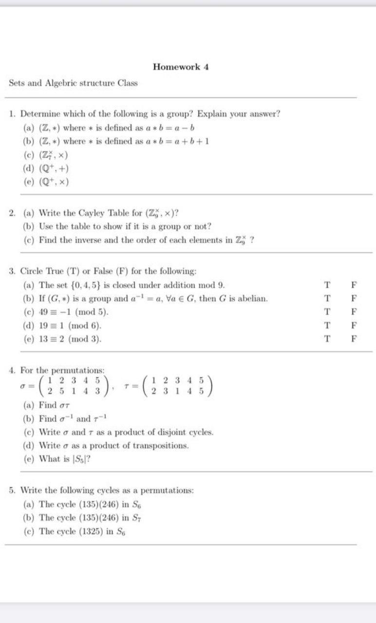 Solved Homework 4 Sets And Algebric Structure Class 1 De Chegg Com