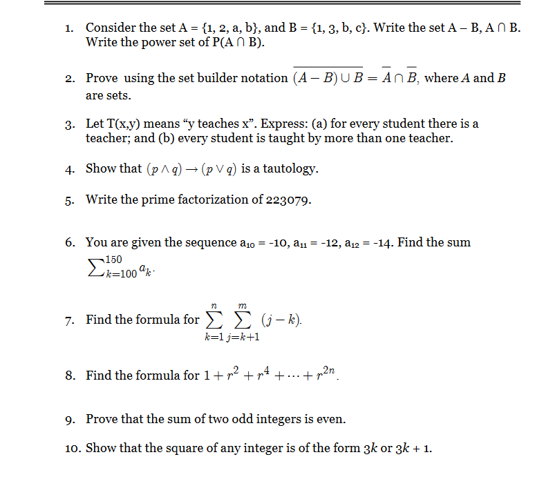 Solved 1. Consider the set A = {1, 2, a, b), and B = | Chegg.com