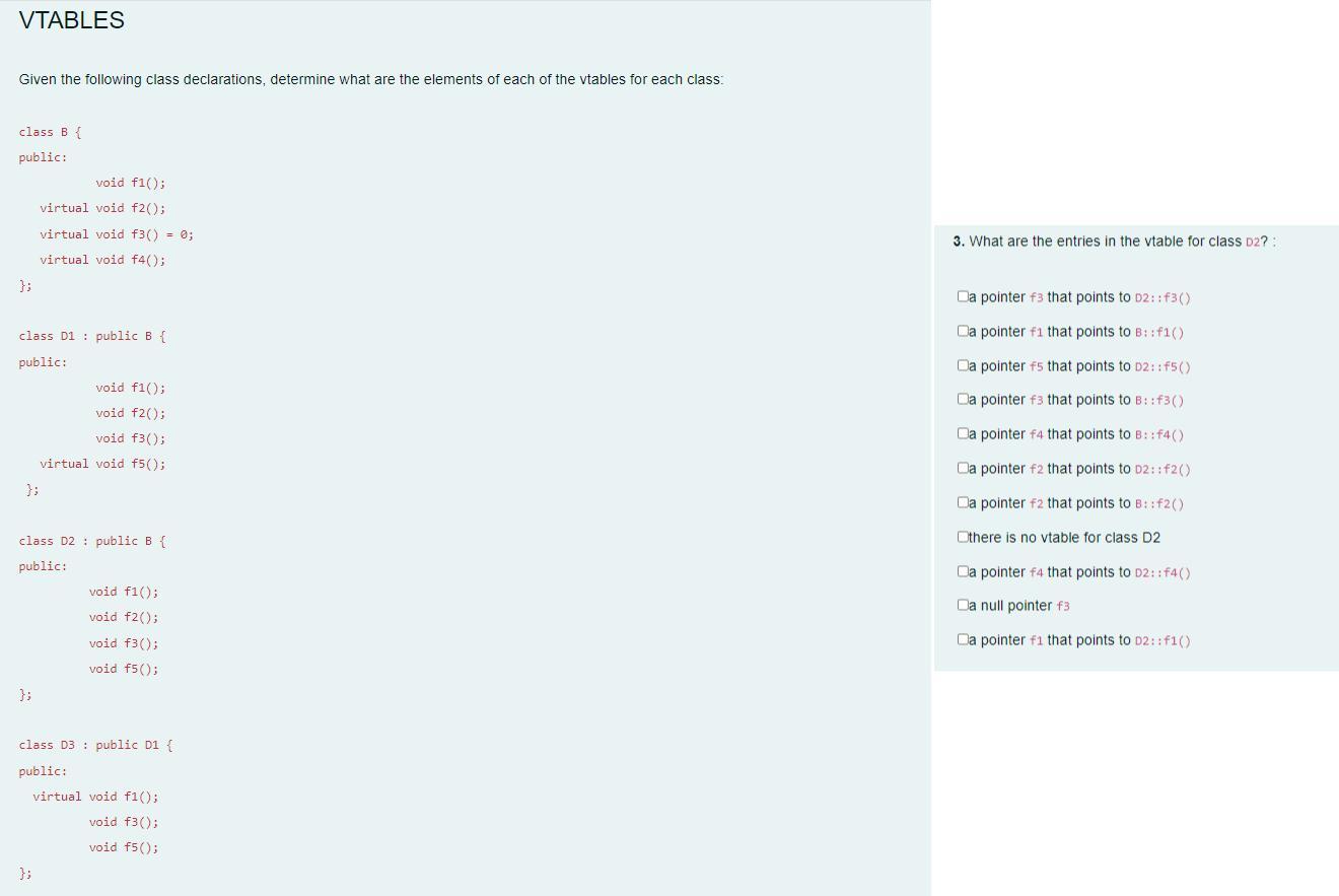 Solved VTABLES Given The Following Class Declarations, | Chegg.com ...