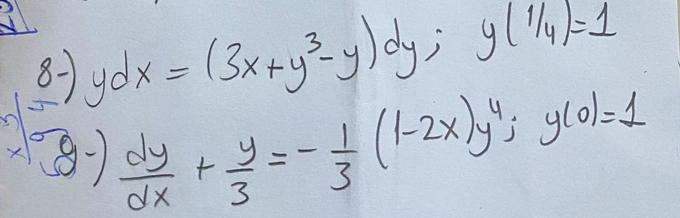 (3) ydx = (3x+y³=y)dy; y[14/1 9 3 1-1-2x); gol) - - - + راه (