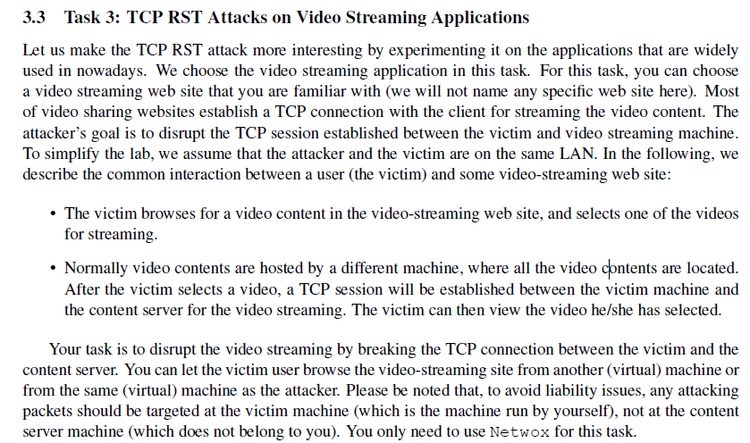 3.3 Task 3: TCP RST Attacks on Video Streaming | Chegg.com