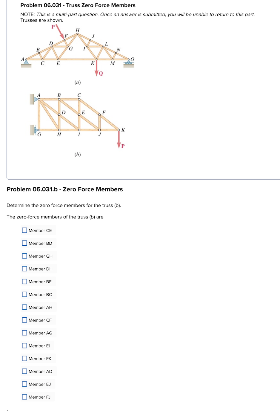 Solved Problem 06.031 - Truss Zero Force Members NOTE: This | Chegg.com