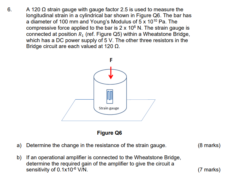 Solved 6. A 120 strain gauge with gauge factor 2.5 is used | Chegg.com