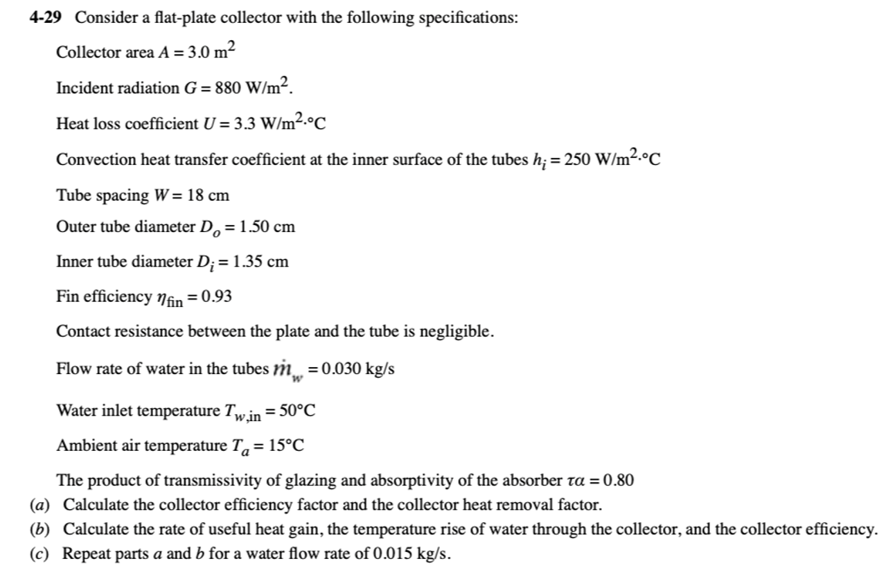Solved 4-29 Consider a flat-plate collector with the | Chegg.com