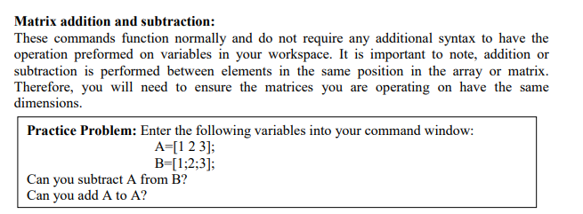 Solved Matrix addition and subtraction: These commands | Chegg.com