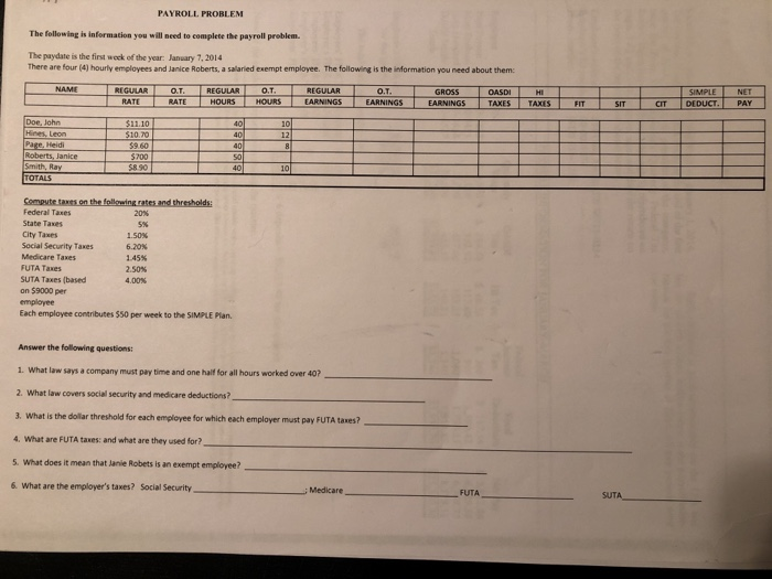 Paystub Problem Solving Answer Key Solved PAYROLL PROBLEM The following is information you will | Chegg.com