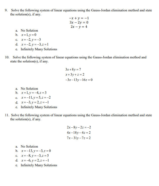 Solved 9. Solve the following system of linear equations | Chegg.com