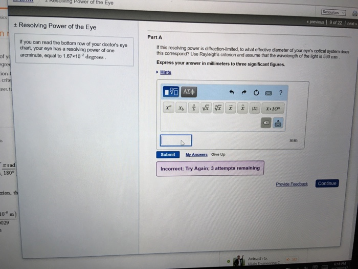 Solved E Resuving Power of the Eye «previous l 90122 l mol , | Chegg.com